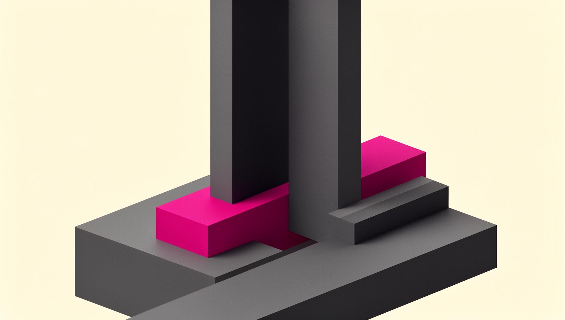 Abstract slate gray geometric forms with magenta accents in asymmetrical equilibrium, representing structured oversight in procurement governance